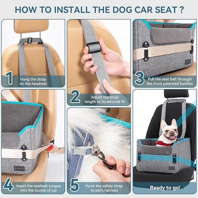 PETSFIT Dog Car Seats for Small Dogs – Patented Safety Buckles – Safety Tether – Foldable Travel Dog Booster Car Seat Reduces Anxiety & Road Trips – Stable Frame, Soft Cushion, Fits Front/Back Seat