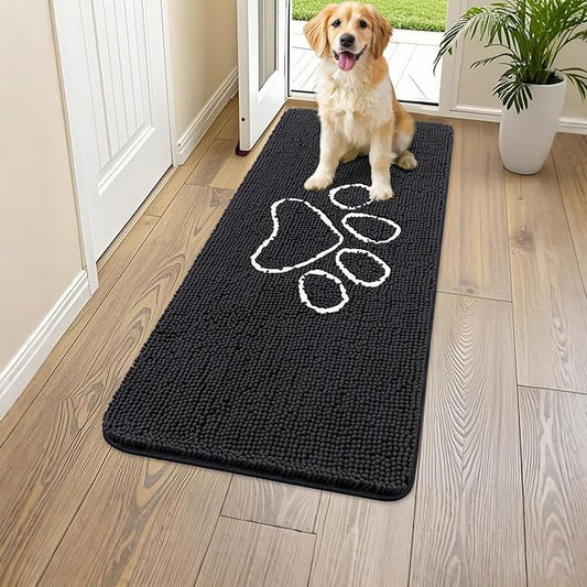 Smiry Dog Door Mat for Muddy Paws, Absorbent Dirt Trapper Non Slip Quick Dry Washable Chenille Mat for Mud Dogs, Entry Rug for Indoor and Outdoor (47x17 Inches, Black and White)