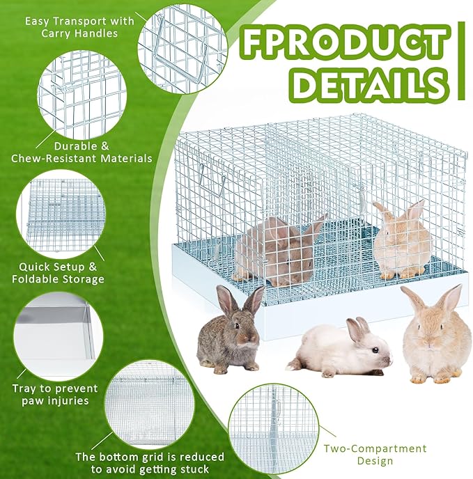 DoubleFill 2 Hole Folding Rabbit Transport Cage, Portable Bunny Carrier with Tray and Handles for Travel or Temporary Housing, Indoor Outdoor Pet Habitat Animal Enclosure(16 x 14 x 12 in)