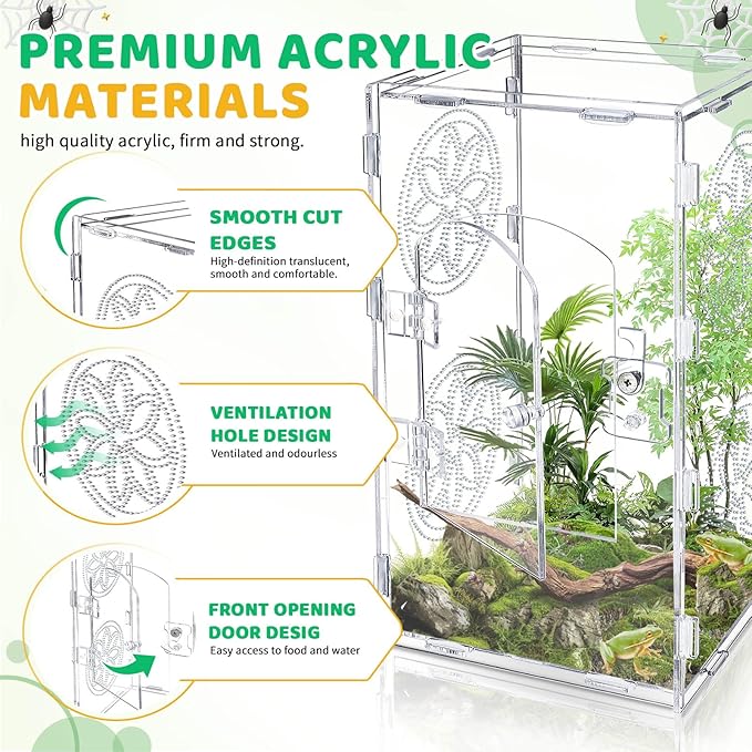 Large Jumping Spider Enclosure, 12x6x6 Inch Acrylic Tarantula Enclosure, Jumping Spider Accessories with Front Opening Door