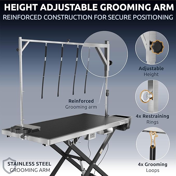 KANIS Professional Electric Dog Grooming Table - Heavy Duty, Height Adjustable Pet Grooming Table w/Leveling Wheels, Grooming Arm, Anti-Slip Tabletop & Tool Organizer/Dog Grooming Station (Black, 60")