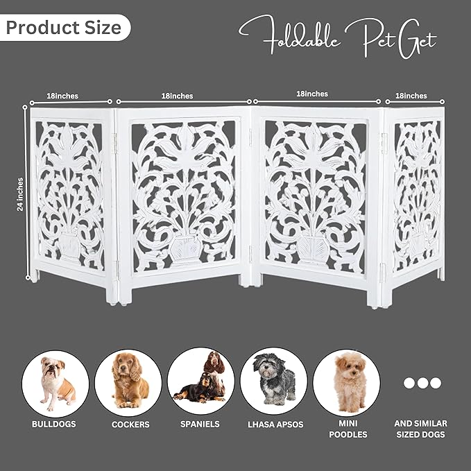 Lightnpro Wooden Dog Gate -Foldable Freestanding Pet Gate for Indoor Use, Adjustable Safety Barrier for Dog, Puppies & Small Pets, for Stairs & Doorways- 24" Height 18" Wide (4 Panel) Antique White