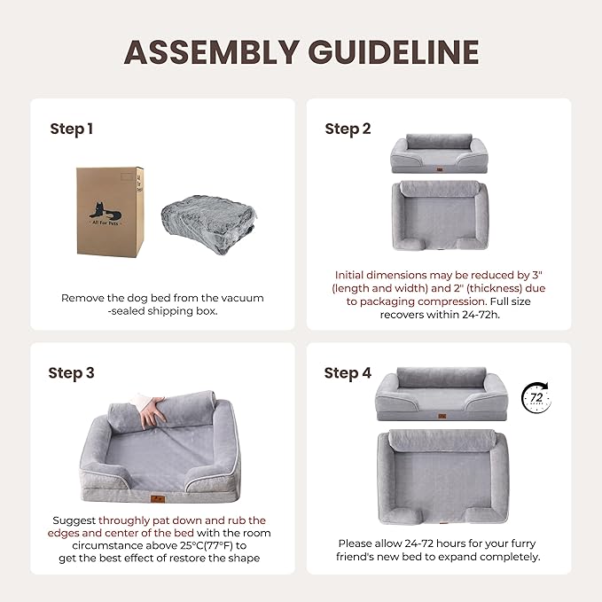 Orthopedic Dog Beds for Large Sized Dogs, Waterproof Egg-Crate Foam Pet Couch Bed with Soft Side, Non-Slip Dog Sofa with Flannel Removable Washable Cover, 35"L Supportive Pet Sofa, Light Grey
