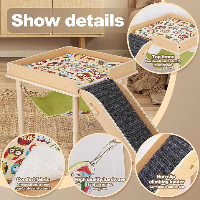 Guinea Pig Hammock with Ramp, Wooden Guinea Pig Hideout Toys with Platform, Guinea Accessories Castle with Soft Mat & Stairs for Cage Small Animals Hamsters Chinchilla Hedgehog Rat Ferret Bunny