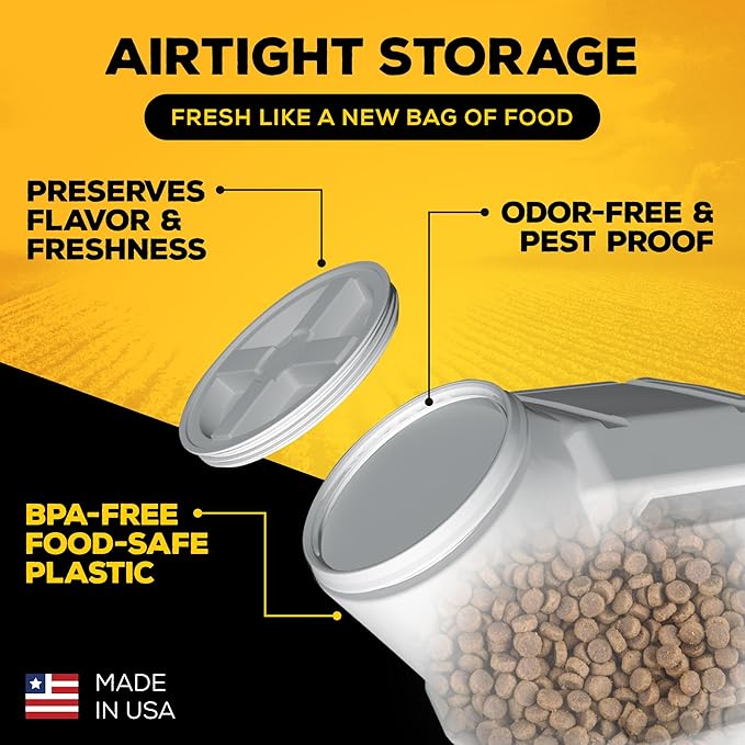 Vittles Vault Traditional Pet Food Storage Container For Dog Kibbles/Bird Seed/Oatmeal/Rice/Flour/Cereal, BPA Free Plastic, Sealed Airtight For Cat Food, Up To 35 lb, Made in USA, With Scoop, Gray