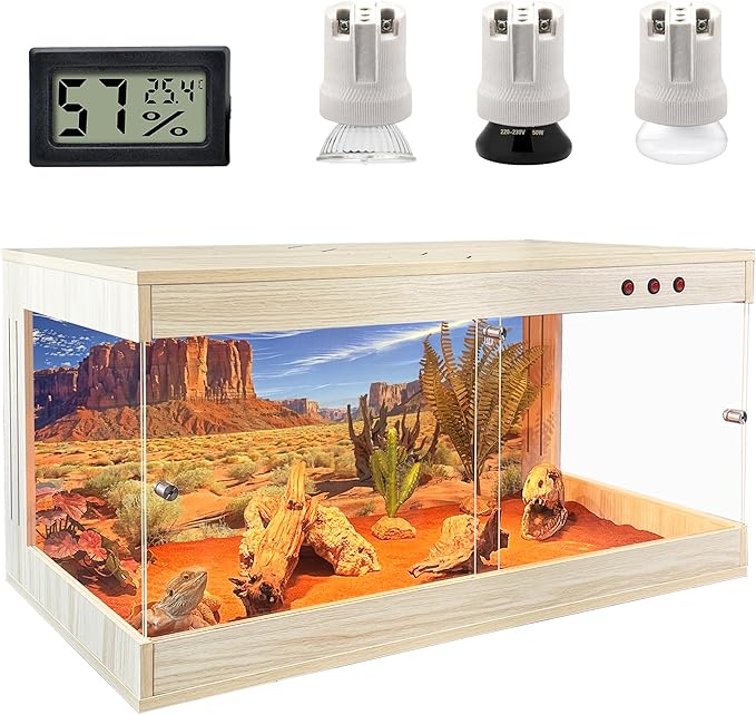 ROYXEN Reptile Tank, 64 Gallons Reptile Enclosure with Lockable Design, Tempered Glass Bearded Dragon Tank for Lizard Habitat, Soild Wood Built-in Sockets (Oak, 39.5"x19.5"x19.5")