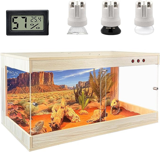 ROYXEN Reptile Tank, 64 Gallons Reptile Enclosure with Lockable Design, Tempered Glass Bearded Dragon Tank for Lizard Habitat, Soild Wood Built-in Sockets (Oak, 39.5"x19.5"x19.5")