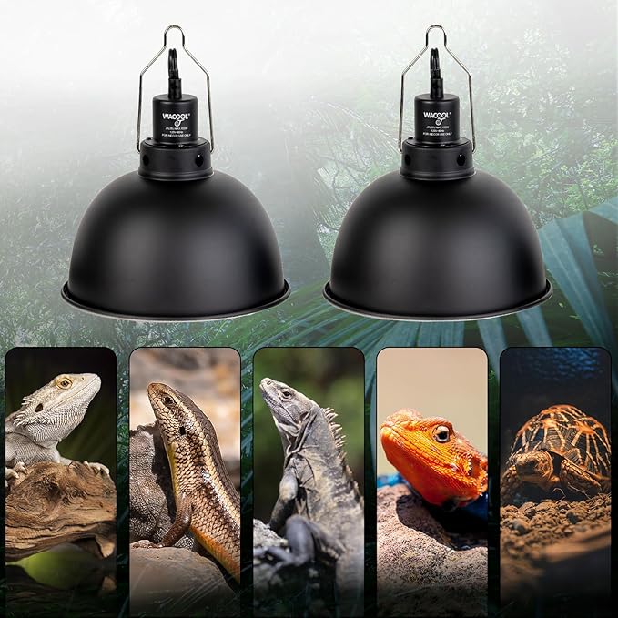 WACOOL TERRA Reptile Light Fixture 2 Pack, 8.5 in Deep Dome Reptile Heat Lamp Fixture, Optical Reflection Terrarium Light Fixture for Reptile UVB UVA Heat Basking Bulbs, Separate Switch & Hook