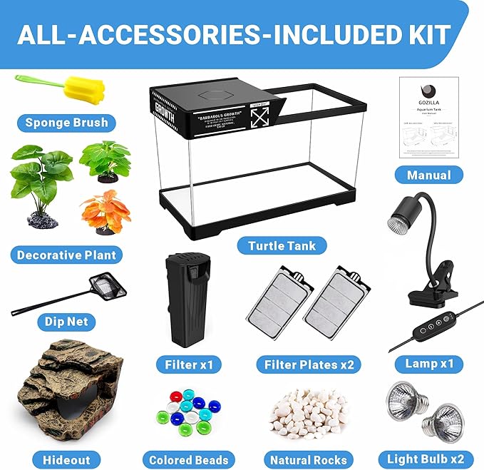 GOZILLA Turtle Tank Kit(Tank+Lamp+Filter), Upgrade PC Turtle Tank Starter Kit with Adjustable Lamp & Filter, Reptile Hideout Habitat with Lid for Small Reptiles.(15.75 × 7.9 × 9''/Black Kit)