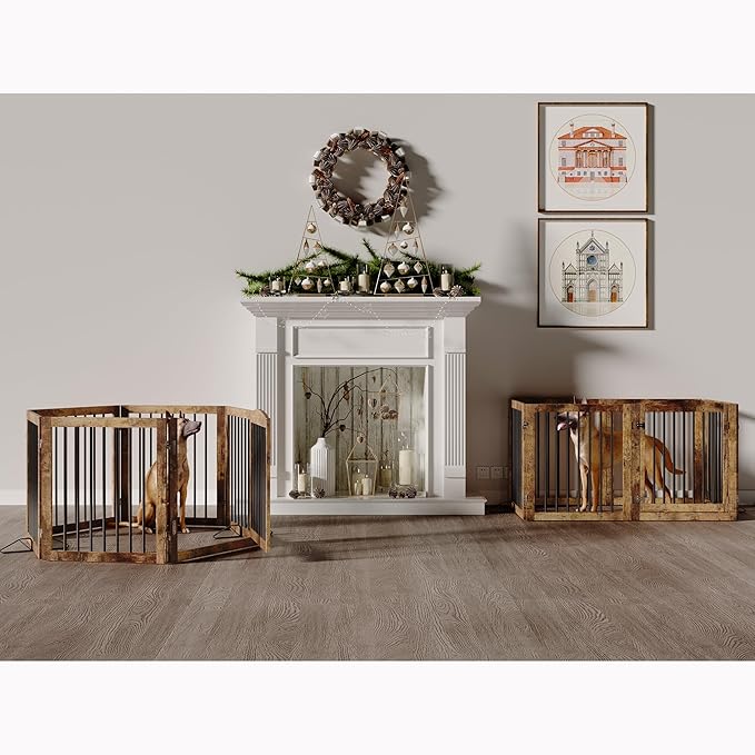 Vantas Folding Pet Gate 144" Wide, 30" Tall No-Assembly Wooden Dog Gate with Door Walk Through, Freestanding Puppy Safety Fence, with 2PCS Support - Rustic Brown