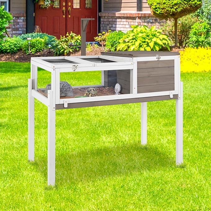 Gowoodhut Turtle Box Tortoise Enclosure with Removable Legs - Turtle & Tortoise Habitat for Indoors & Outdoors - Leakproof Tray & Lamp Holders Included - Breeding Box