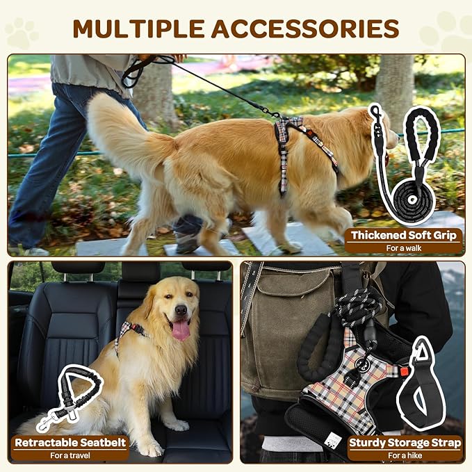 FURRYFECTION Plaid Dog Harness for Large Dogs, Reflective No Pull Adjustable Pet Vest with Front Clip, Leash, Easy Control Handle and Seat Belt, Beige&White, XL