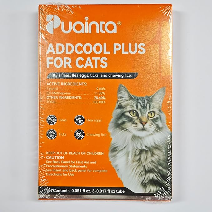 PUAINTA Addcool Plus Flea and Tick Prevention for Cats & Kittens, Professional Topical Treatment, 3 Monthly Doses, Fast-Acting Waterproof Cat Flea Drops