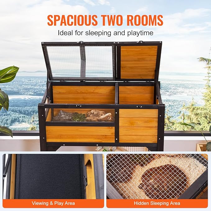 VEVOR Tortoise Habitat, Cedar Wooden Tortoise House Indoor & Outdoor, Tortoise Enclosure with Light Stand, Reptile Enclosure Small Animal Cage with Stand Legs for Gecko, Lizard, Snake