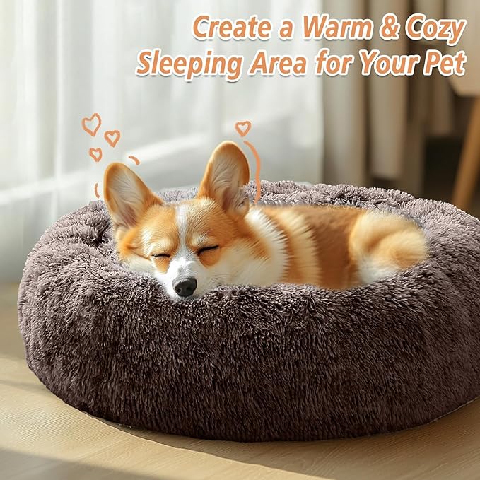 JOLLYVOGUE Calming Dog Bed Medium Size Dog, 31in Donut Washable Medium Pet Bed, Anti-Slip & Anti-Anxiety Fluffy Faux Fur Round Dogs Bed, Fits up to 45 lbs Pets (Chocolate)