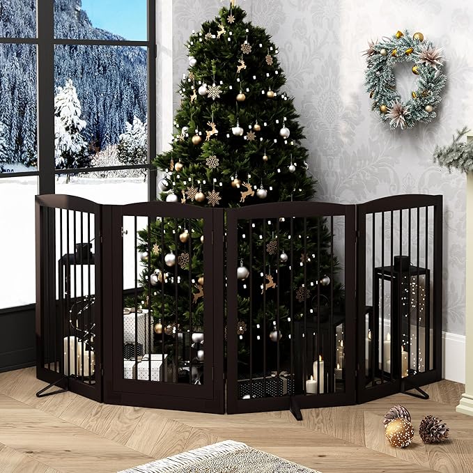 PUPETPO Freestanding Dog Gates with Door Walk Through, 80 inch Wide Gates Indoor, Dog Fences Indoor, Support Feet Included, 4 Panels, 32" Tall, Dark Brown