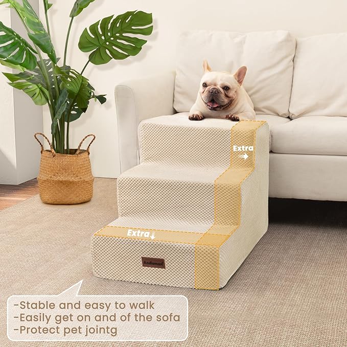 Aodisman Dog Stairs for Small Dogs & Cats, 3-Step Extra Wide Non-Slip Pet Steps for Couch Sofa and Chair, Beige, 15.7" H