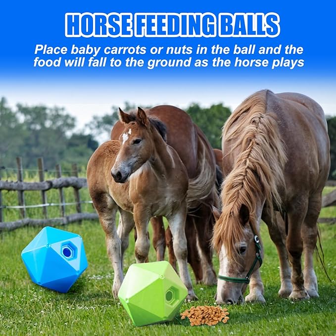 Horse Treat Ball, 9" Horse Ball Feeder Toy & Stress Reliever with 1.13 Inch Opening for Paddock, Slow Feed Enrichment Toys for Horses to Play(2 Pack,Green Blue)