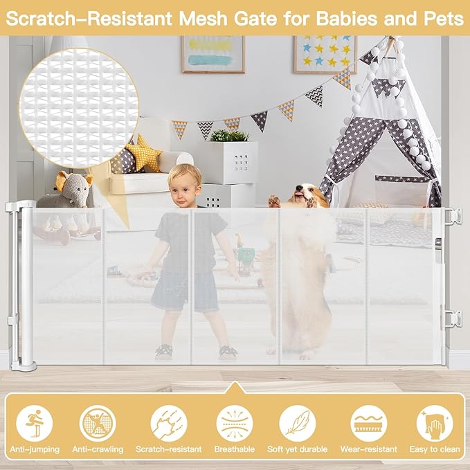 Reinforced 28 Inch Tall Retractable Baby Gates for Dogs - Easy Step Over, 100" Extra Wide Baby Gate with Support Rods, Indoor Mesh Dog Gates for The House Outdoor Retractable Gate Small Pet Gate/White