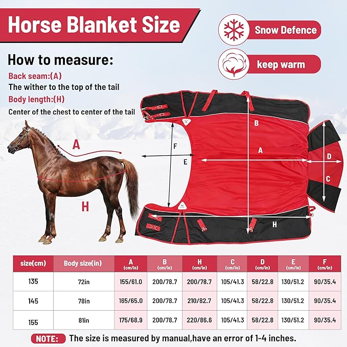 Surcingle Turnout Blankets for Horse,1680D Winter Horse Blanket, 300g / 14oz Warm Filling Liner, Medium Weight Waterproof, Red Horse Blanket for Real Horses,Warm US78 in(EU 145 cm)