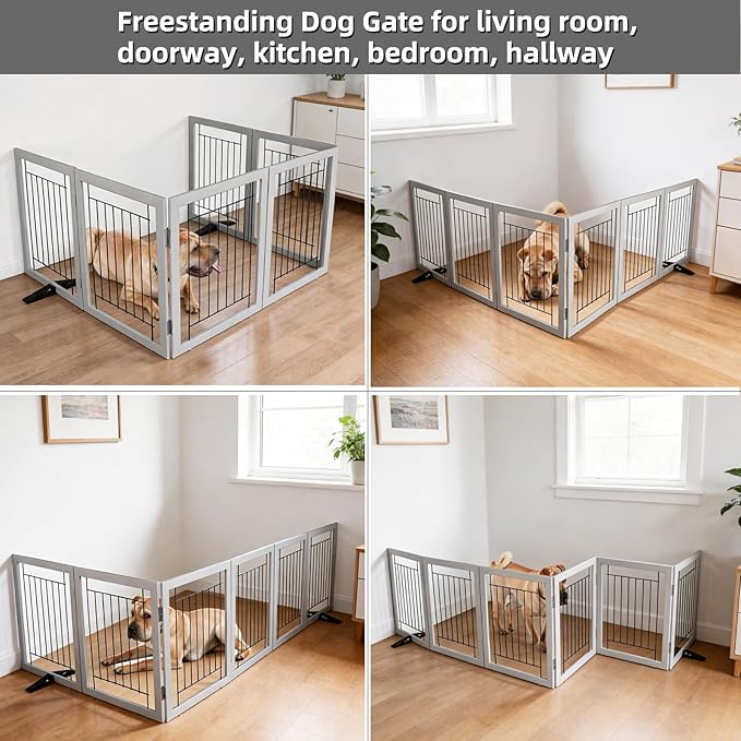 ZJSF Freestanding Dog Gate Indoor, Foldable Dog Fence for Doorways,Hallways or Stairs, Sturdy Wood Extra Wide Pet Gate with Support Feet,Grey,32 "Height-6 Panels
