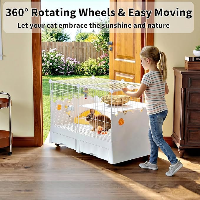 Oneluck Large Rabbit Cage Indoor,Loft Bunny Hutch with Rasied Urine-Proof Walls, Leak-Proof Trays, Wheels,37" L x22 W x 30" H for Rabbits, Chinchillas, Guinea Pig and Small Animals