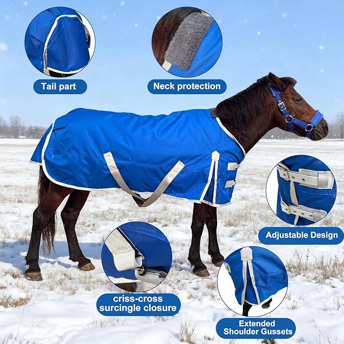 Miniature Horse Pony Horse Blanket, 1200D Winter Turnout Blanket for Pony Breeds/Small Pony/Tiny Horse/Small Breed Horse/Foal,Donkey Blanket with 220g Polyester Filling Liner (47inch, Blue)