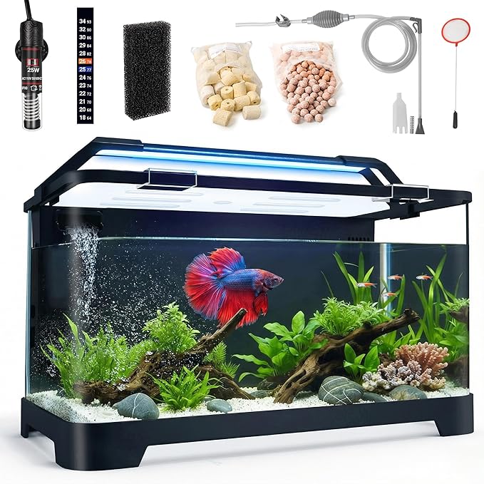 3.5 Gallon Self Cleaning Fish Tank, Aquarium Starter Kit for Betta, Small Fish & Shrimp, Betta Fish Tank with Heater, Thermometer Strip, LED Light, Hidden Filtration System and Water Changer Kit