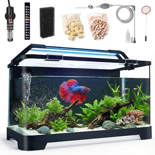 3.5 Gallon Self Cleaning Fish Tank, Aquarium Starter Kit for Betta, Small Fish & Shrimp, Betta Fish Tank with Heater, Thermometer Strip, LED Light, Hidden Filtration System and Water Changer Kit