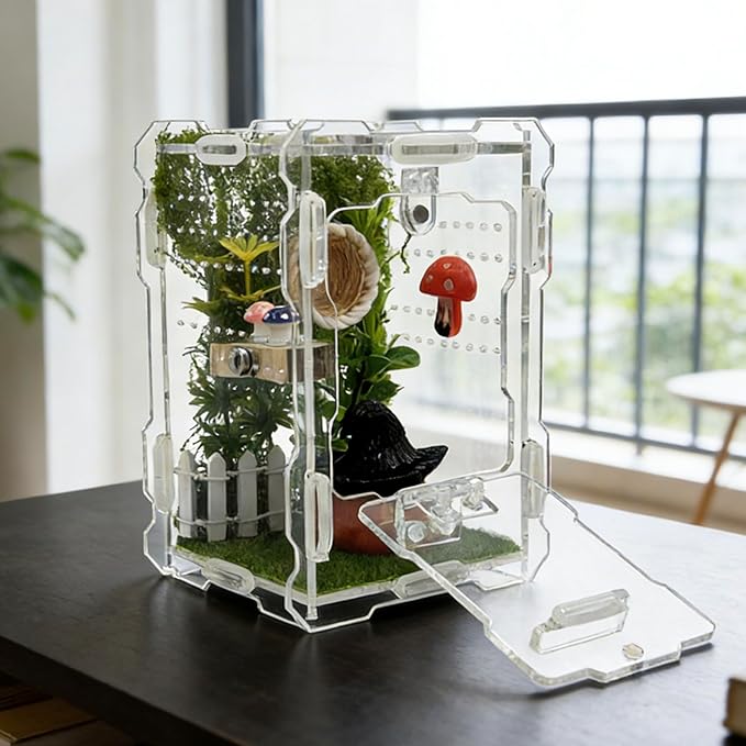 Jumping Spider Enclosure Kit - Acrylic Habitat with Magnetic Lock & Feeding Port - 5.1x3.1x3.1 inch Ventilated Terrarium for Small Pets, Jumping Spiders, Tarantula Slings, Beetles