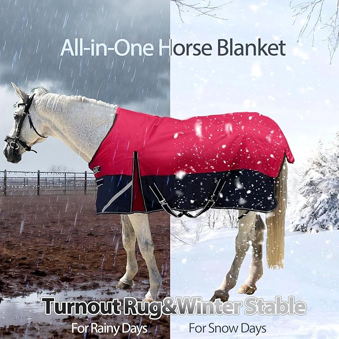 300g1200D Winter Waterproof and Breathable Horse Blanket Warm Turnout Blankets with Reflective Strips Design (Red/Blue, 81'')