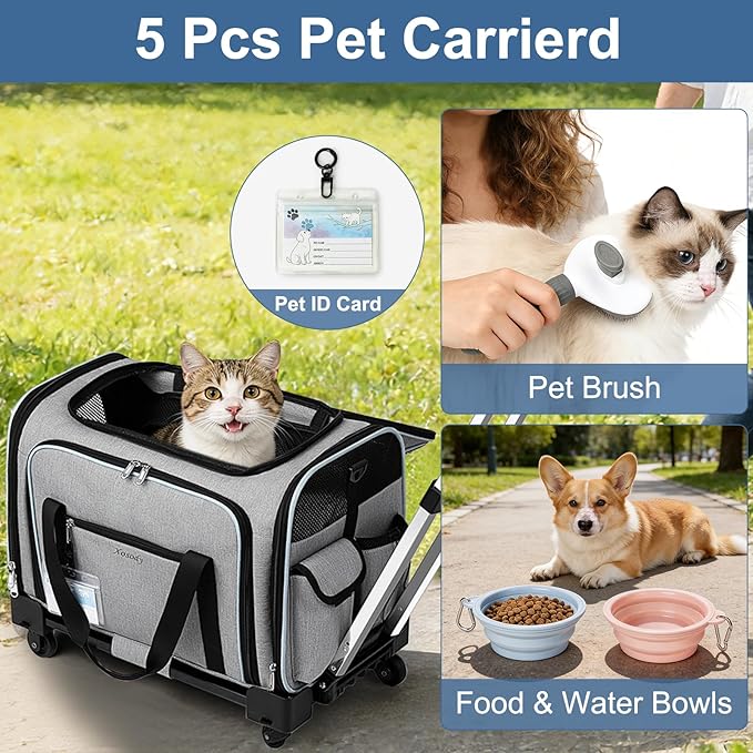 Airline Approved Pet Carrier with Wheels, Top & Side Expandable Soft-Sided Bag, 18x11x11 inches Fits Under Seat for Small Dogs Cats, Double-Sided Mat & ID Card for Travel Vet Visits Camping