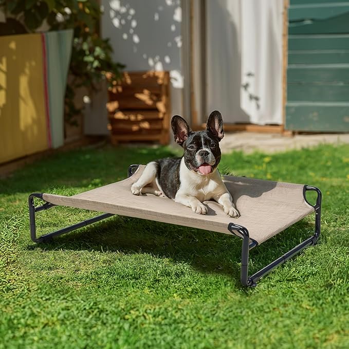 Veehoo 35" Medium Raised Dog Bed, Washable Dog Cot with Headrest Sides, Outdoor Elevated Dog Bed with Non-Skid Feet, Breathable Mesh, Portable Pet Hammock for Indoor or Camping, Beige