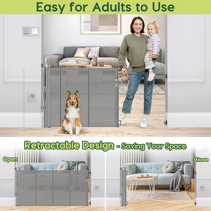 Reinforced 55" Wide Retractable Dog Gate with Support Rods, 33" Tall Retractable Baby Gate for Dogs, No Sag and Wrinkle Mesh Child Gates for Doorways, Indoor Pet Barrier Stair Gates for Kids, Gray