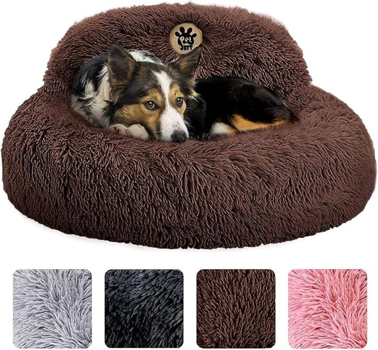 PetJett Calming Dog Bed Medium Size Dog - 30'' Donut Bed, Anti-Slip & Washable Super Soft Fluffy Plush Round Bed, Anti-Anxiety Premium Comfort Pet Bed, Fits Dogs up to 45 lbs - Brown