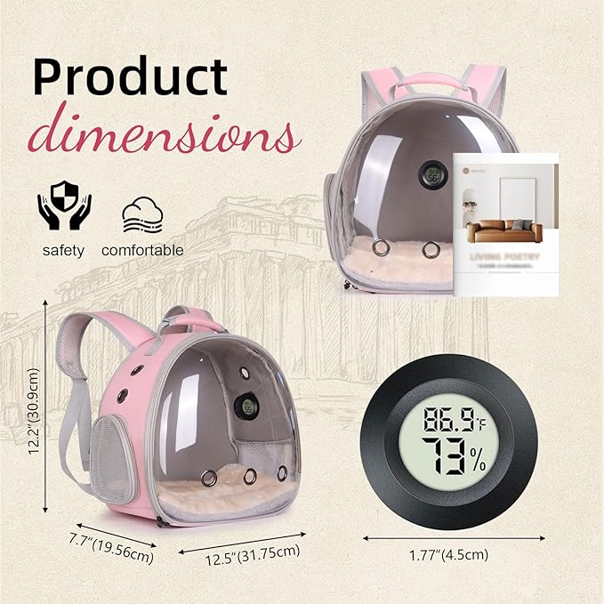 Bearded Dragon Travel Backpack Carrier with Reptile Thermometer and Humidity Gauge Lizard Travel Cage Space Capsule Clear Bubble Window Astronaut Reptile Carrier Bag for Ball Python (Pink, Backpack)