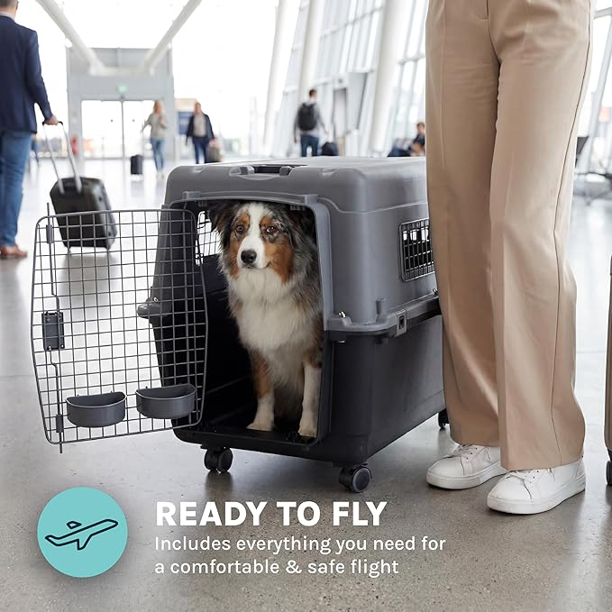 SportPet Airline Compliant LARGE 28.75" Travel Dog Kennel- Durable Plastic Airline Pet Carrier w/ Removable Wheels & Food Bowls, Collapsible Indoor/Outdoor Dog Kennel, Dogs up to 28"L & 20"H-Dark Gray