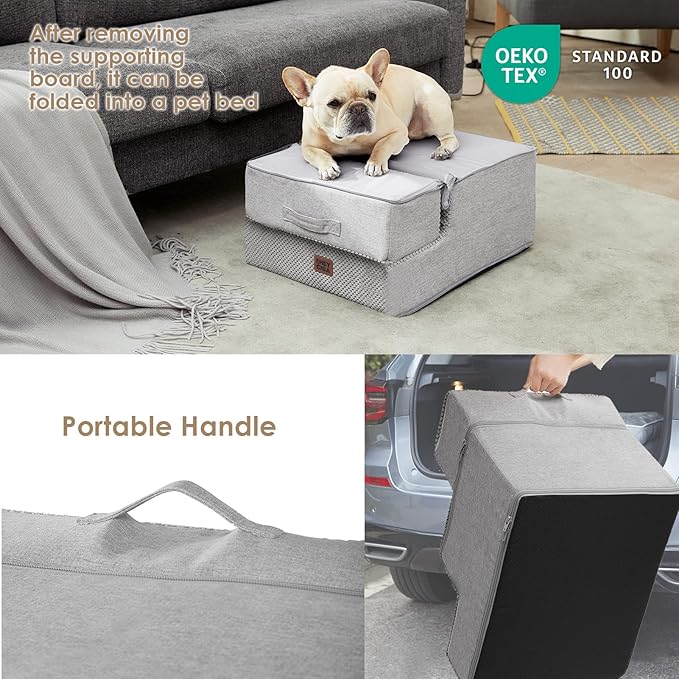 EHEYCIGA Dog Stairs for Small Dogs 13.5" H, 3-Step Dog Steps for Couch Sofa and Chair, Pet Steps for Medium Cats, Non-Slip Balanced Pet Ramp Indoor, Light Grey