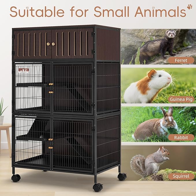 HABUTWAY 50''H Metal Large Ferret Cage, Rolling Chinchilla Cage with Removable Ramps& Double Door, with Locker, Small Animal Cage Indoor Wooden Pet Crate Furniture