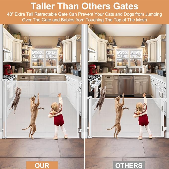 48" Tall Baby Gate for Doorway Retractable Baby Gate No Bottom Bar 4 Ft Extra Tall Gates for Cats 85" Wide Anti-Scratch Mesh Gates for Kids or Pets Prevent Dogs and Cats from Jumping Over, White