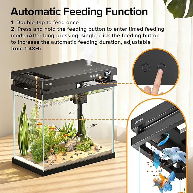 Fish Tank, 2.2 Gallon Smart Aquarium, Small Fish Aquarium Kits with Smart Humidifier, Auto Feeder, Silent Water Pump, Temperature Display & 7-Color Lighting, for Office & Home - Black