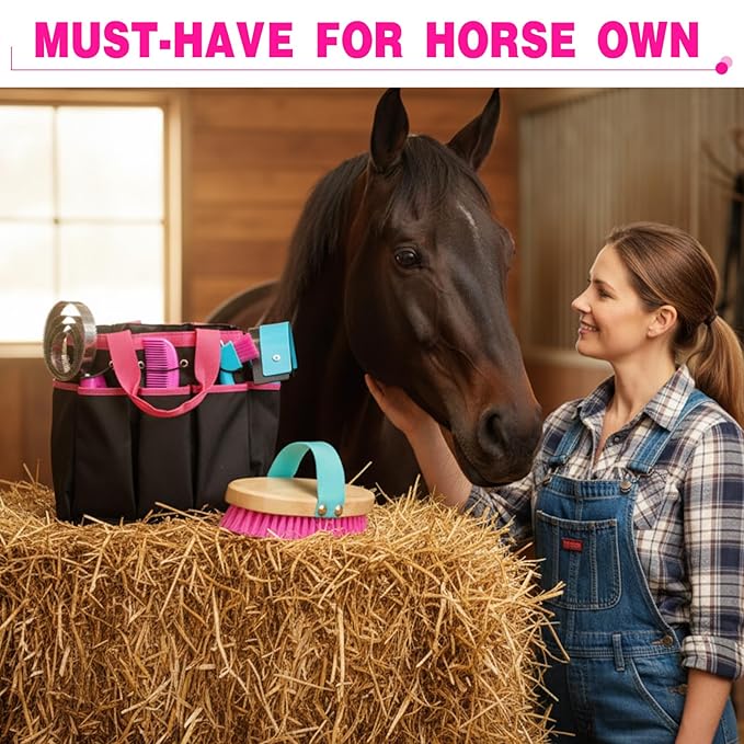 Abbylike 12 Pieces Horse Grooming Kit with Organizer Tote Bag Tack Room Supplies Horse Brush Sets Equine Care Cleaning Kit Shedding Grooming Massaging Tools(Rose Red)