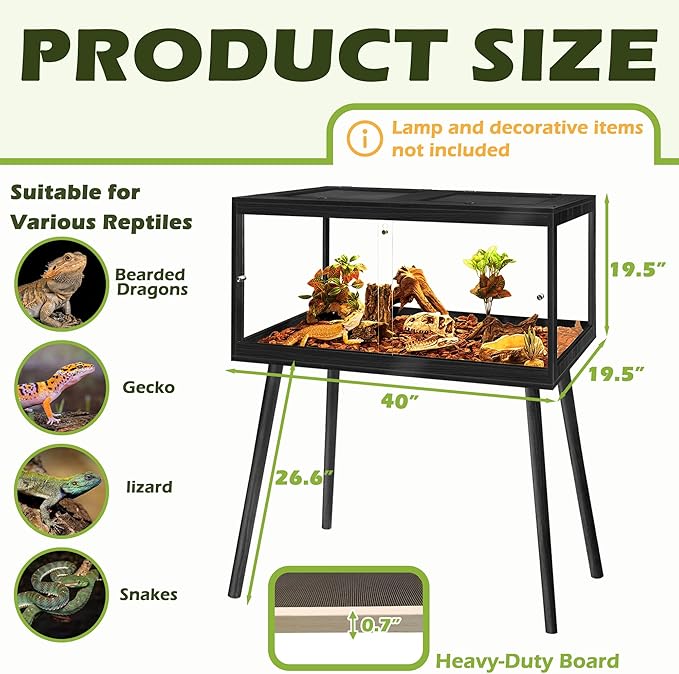 PROLEE Bearded Dragon Tank with Leg, 64 Gallon Tempered Glass Lizard Tank, Reptile Enclosure with Metal Mesh and Lockable Door, Reptile Tank for Snakes,Chameleon (Black, 40x19.5x19.5 Inch)