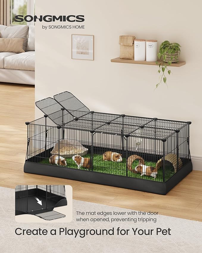 SONGMICS Guinea Pig Cage, Rabbit Cage, Small Animal Playpen with Waterproof Mat, Top and Side Door, 20 Panels, 48.4 x 24.8 x 16.3 Inches, Ink Black ULPI012BH01