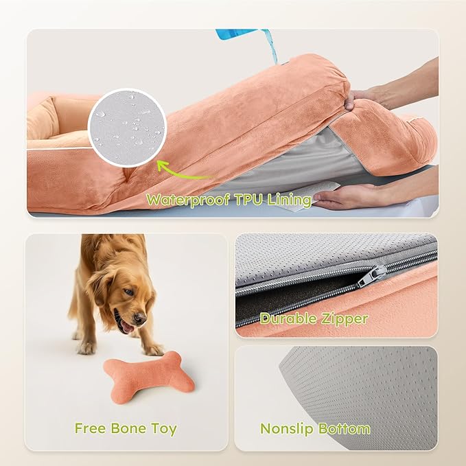 CWAWZ Extra Large Dog Bed, Orthopedic Dog Bed with Cooling Gel Memory Foam, Waterproof XL Pet Bed with Removable Washable Cover, 42" Pet Sofa Couch Dutch Velvet with Bone Toy, Peach Pink