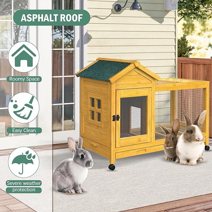 Outdoor Wooden Rabbit Cage:Rabbit Hutch Indoor, Bunny Hutch with Leak-Proof Pull Out Tray&Hideout, Small Animal Cage for Rabbits, Large Guinea Pigs, Portable Habitat with Lockable Wheels