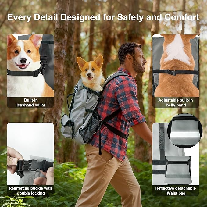 Pet Carrier Backpack for Medium to Large Dogs up to 33 lbs, Waterproof and Wear-Resistant, Equipped with Adjustable Waist and Chest Buckles, Detachable Storage Pocket with Reflective Strips, S