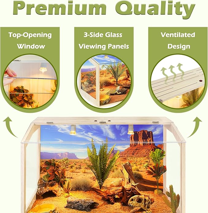 PROLEE Bearded Dragon Tank, Up to 81Gallon Reptile Enclosure, Tempered Glass Lizard Tank, Bearded Dragon Enclosure with Built-in Lamp Fixture for Chameleon (Skylight Roof, 30Gallons,24x15.5x15.5 Inch)