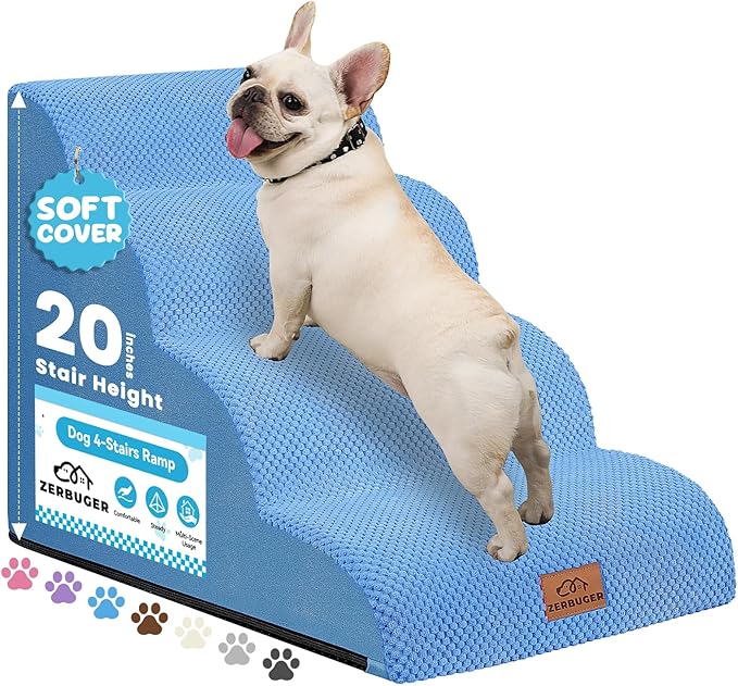 Zerbuger Dog Ramp and Stair for Bed 16" H-20 H,3-Step Cat Stair for Sofa and Chair,4-Step Dog Ramp for High Bed and Window,Durable Nonslip Fabric Cover for Indoor (Blue-20“H, Pet Friendly, 4)