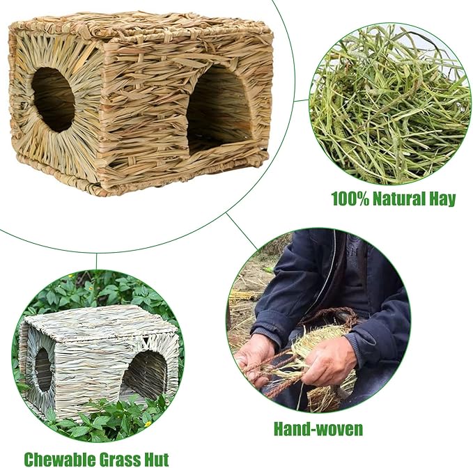 Hamiledyi 2PCS Large Grass House for Rabbit, Edible Bunny Hut Natural Grass Woven Foldable Pet Play Hideaway Hay Mat Chew Toys for Guinea Pig Hamster Chinchilla 14.5x11.4x10.2 inches